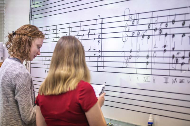 Student in Music Theory Class Writing Music Notes on Dry Erase Board.