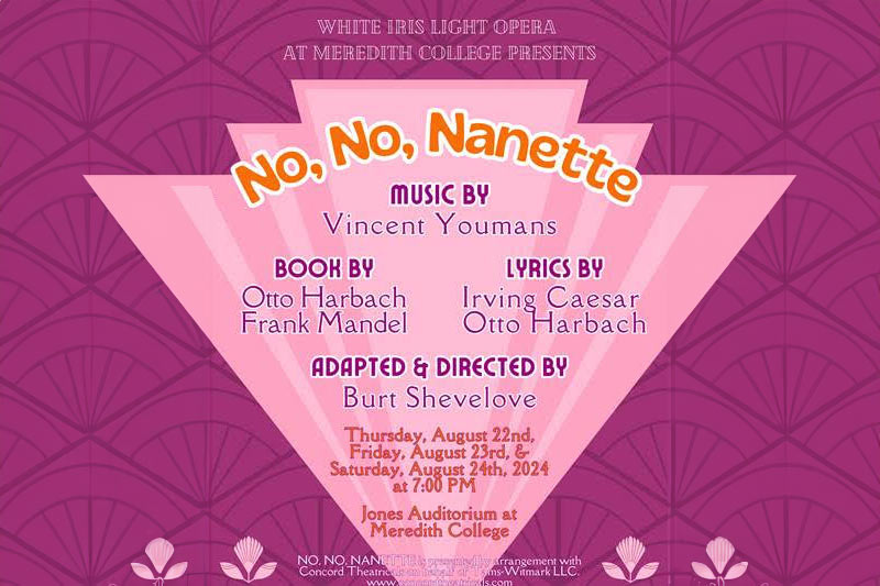 Pink and Acra Violets Theatre Poster with Orange Text Showing No, No, Nanette.